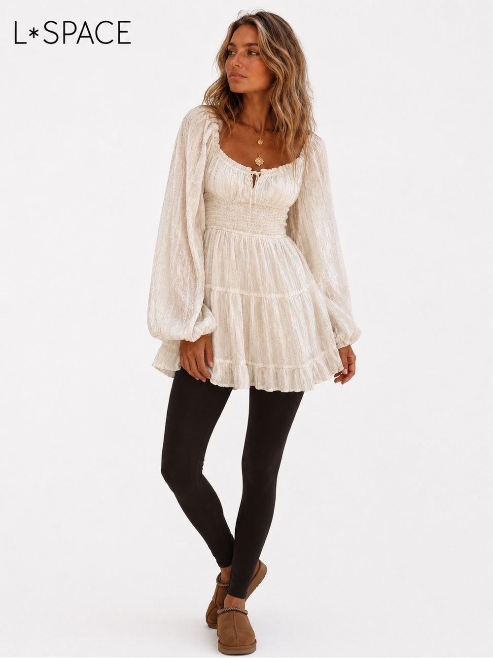 L*SPACE Boho Tunic Top Small Cream Metallic Stripe Smocked Puff Sleeve babydoll
